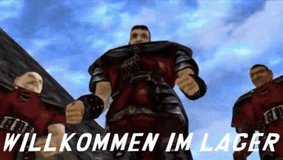 Men Standing In Front Of Willkommen Im Lager Sign GIF