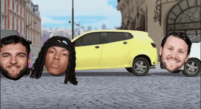 Men Sticking Heads Out Of Yellow Car GIF