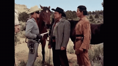 Men Talking Next To Horse GIF