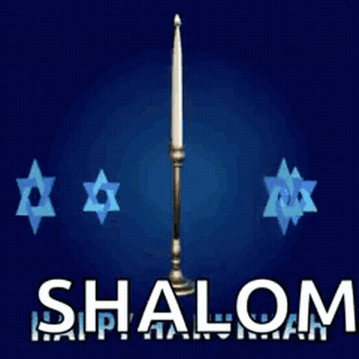 Menorah On Blue Background Saying Shalom GIF