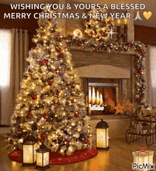 Merry Christmas And Happy New Year Christmas Golden Fireplace Living Room Nice Interior GIF