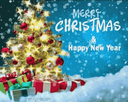 Merry Christmas And Happy New Year Gifts Snowing Christmas Tree Red Balls GIF