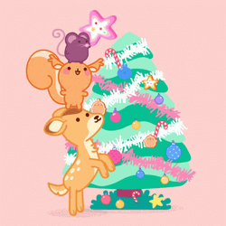 Merry Christmas Animated Deer Putting Star On GIF