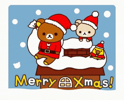 Merry Christmas Bear And Chicken On Chimney GIF