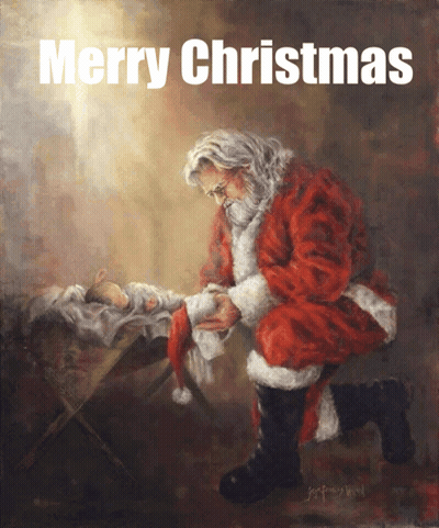 Merry Christmas Card Santa Kneeling GIF