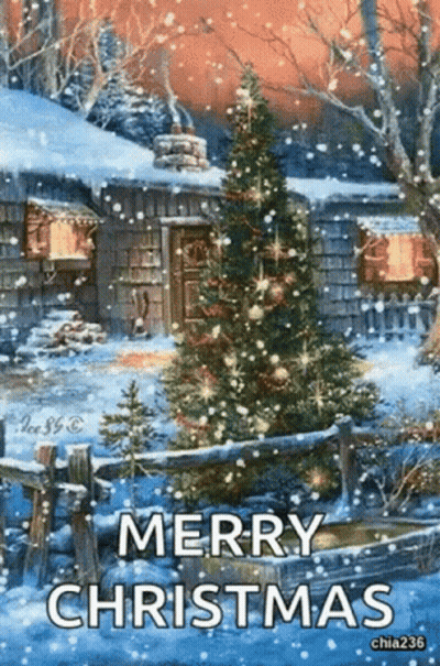 Merry Christmas Card With Christmas Tree and Cabin