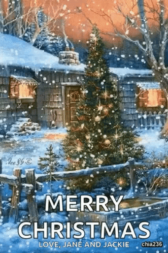 Merry Christmas Card With Christmas Tree And House GIF