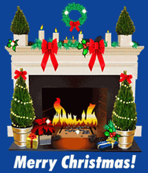 Merry Christmas Friend Decorated Fireplace GIF