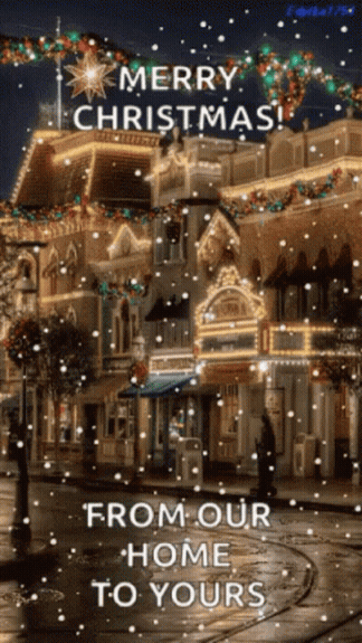 Merry Christmas From Our Home To Yours Is Written Above A Snowy Street GIF