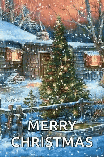 Merry Christmas Greeting Card With Christmas Tree And Snow Cabin GIF