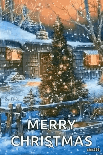 Merry Christmas Greeting Card With Christmas Tree In Front Of Cabin In Snow GIF