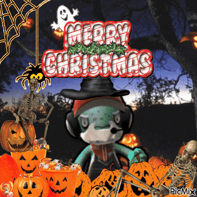 Merry Christmas Greeting Card With Skeleton Spider And Pumpkins GIF