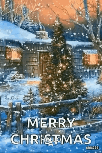 Merry Christmas Greeting Card With Tree And House In Snow GIF