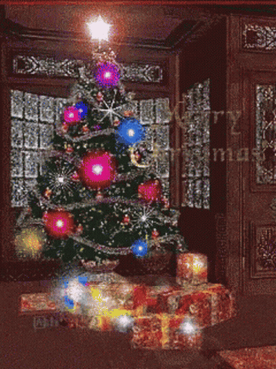 Merry Christmas Greeting With Tree And Gifts GIF