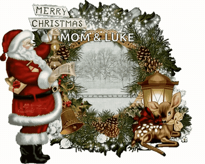 Merry Christmas Mom And Luke Greeting With Santa Claus And Wreath GIF