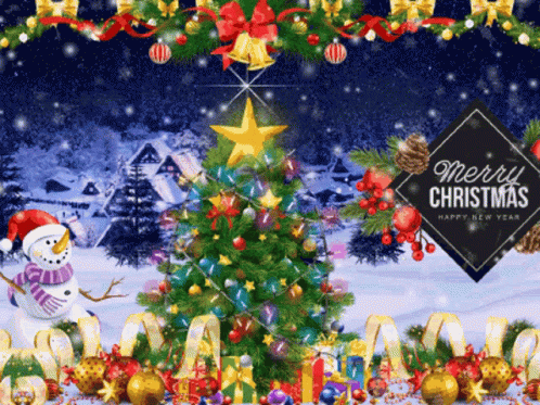 Merry Christmas Poster With Christmas Tree And Snowman GIF
