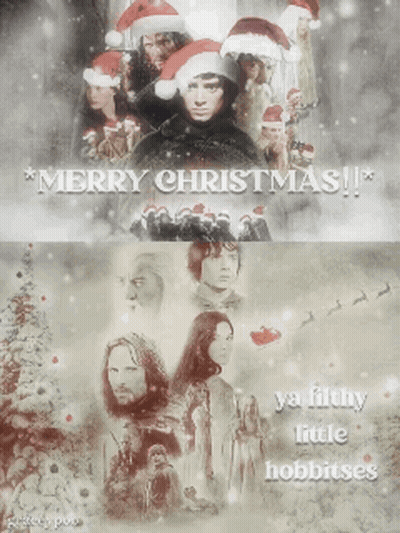 Merry Christmas Poster With People In Santa Hats GIF