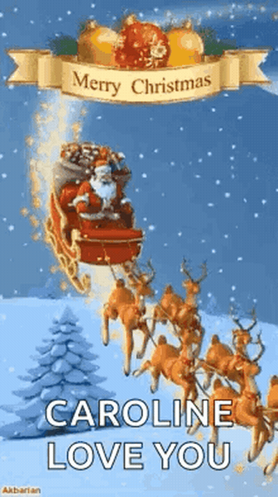 Merry Christmas Santa Claus In Sleigh Pulled By Reindeer GIF