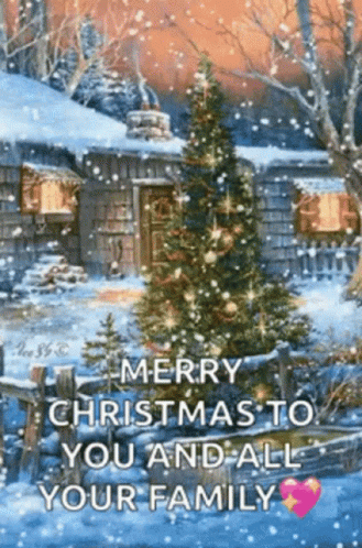 Merry Christmas To You And Your Family With Christmas Tree In Front Of Cabin GIF