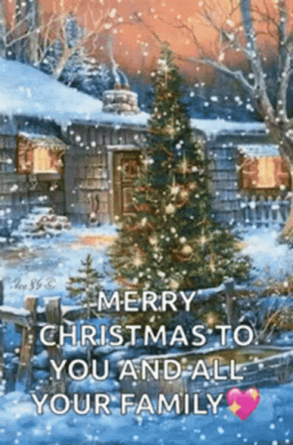 Merry Christmas To You And Your Family With Christmas Tree In Front Of Cabin GIF
