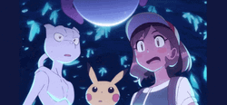 Mewtwo Standing With Pikachu And Elaine GIF