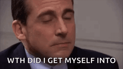 Michael Scott From The Office Is Smiling With His Eyes Closed And The Words `` With Did I Get Myself Into '' . GIF