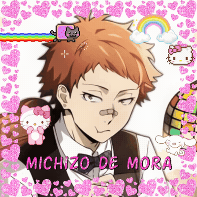 Michizo De Mora Surrounded By Pink Hearts And Hello Kitty GIF