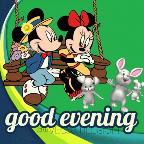 Mickey And Minnie Mouse On Swing Good Evening GIF