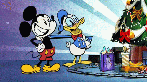 Mickey Mouse And Donald Duck Are Standing Next To Each Other In Front Of A Christmas Tree GIF