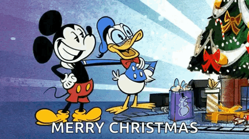 Mickey Mouse And Donald Duck Are Standing Next To Each Other With The Words Merry Christmas Below Them GIF