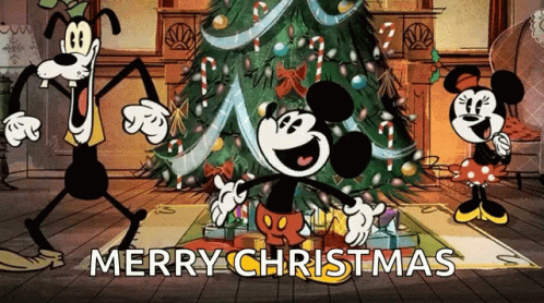 Mickey Mouse And Minnie Mouse Are Dancing Around A Christmas Tree GIF