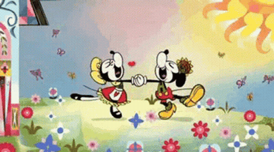 Mickey Mouse And Minnie Mouse Are Dancing In A Field Of Flowers GIF