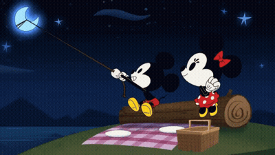 Mickey Mouse And Minnie Mouse Are Fishing Under A Full Moon GIF