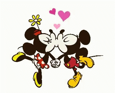 Mickey Mouse And Minnie Mouse Are Kissing While Holding Hands And A Flower Is Coming Out Of Their Noses . GIF