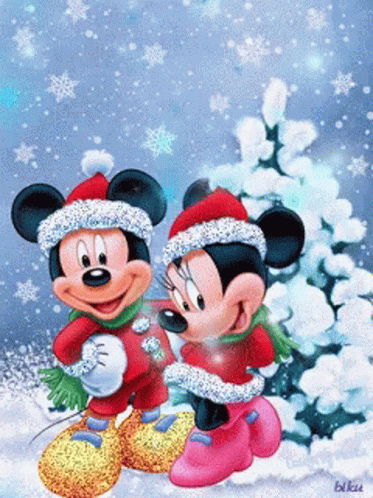Mickey Mouse And Minnie Mouse Are Standing In The Snow Wearing Santa Hats GIF