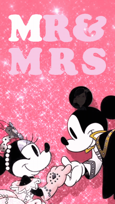 Mickey Mouse And Minnie Mouse Holding Hands On A Pink Background GIF