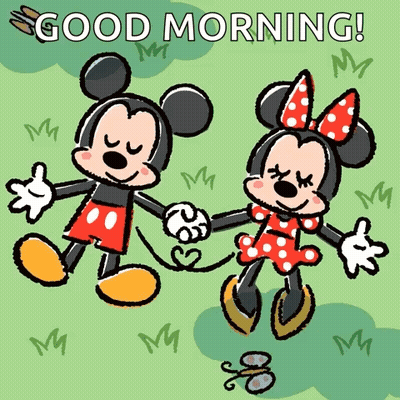 Mickey Mouse And Minnie Mouse Holding Hands Saying Good Morning GIF
