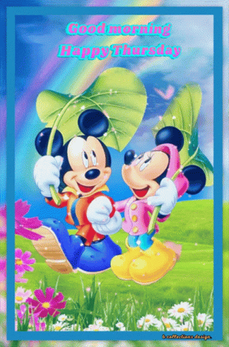 Mickey Mouse And Minnie Mouse Holding Leaves Good Morning Happy Thursday GIF
