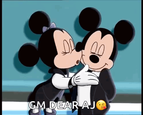Mickey Mouse And Minnie Mouse Kissing And Hugging With The Words Gm Dear Aj GIF