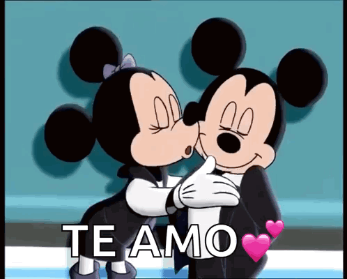 Mickey Mouse And Minnie Mouse Kissing With The Words Te Amo GIF