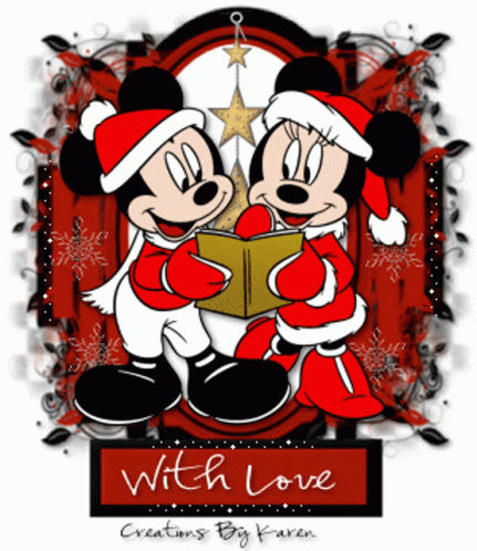 Mickey Mouse And Minnie Mouse Singing A Christmas Song With The Words With Love Creations By Karen GIF