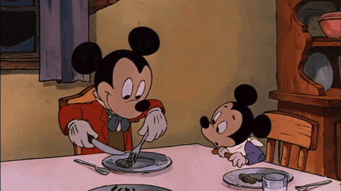 Mickey Mouse And Minnie Mouse Sitting At Table Eating GIF