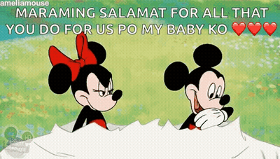 Mickey Mouse And Minnie Mouse Standing Together GIF