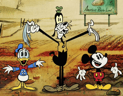 Mickey Mouse Donald Duck And Goofy Are Standing In Front Of A Sign That Says American Potato Land GIF