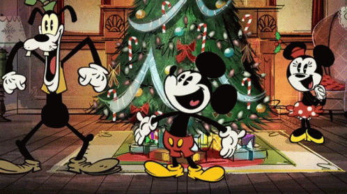 Mickey Mouse Goofy And Minnie Mouse Are Dancing In Front Of A Christmas Tree GIF