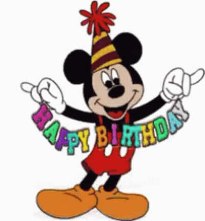 Mickey Mouse In Party Hat Holding Happy Birthday Banner GIF