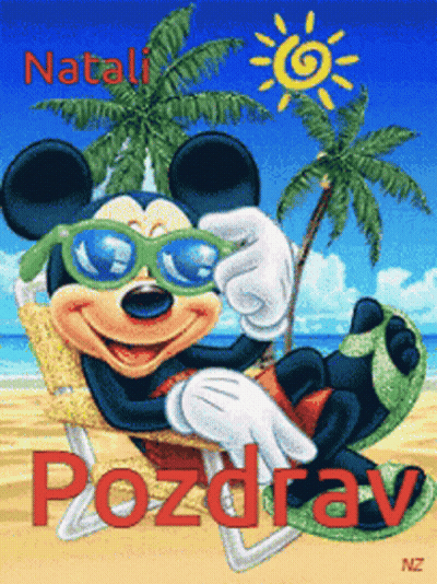 Mickey Mouse In Sunglasses On Beach Saying Pozdrav GIF