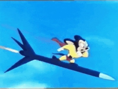 Mickey Mouse Is Flying On The Back Of A Rocket . GIF