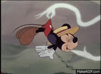 Mickey Mouse Is Flying Through The Air In A Cartoon While Wearing A Straw Hat . GIF