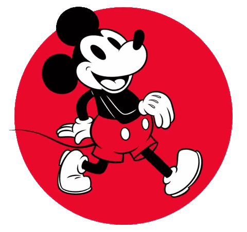 Mickey Mouse Is Running In A Red Circle With A White Background Sticker